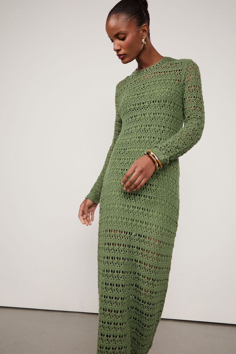 Vestido De Tricot Manga Longa Ponto Renda