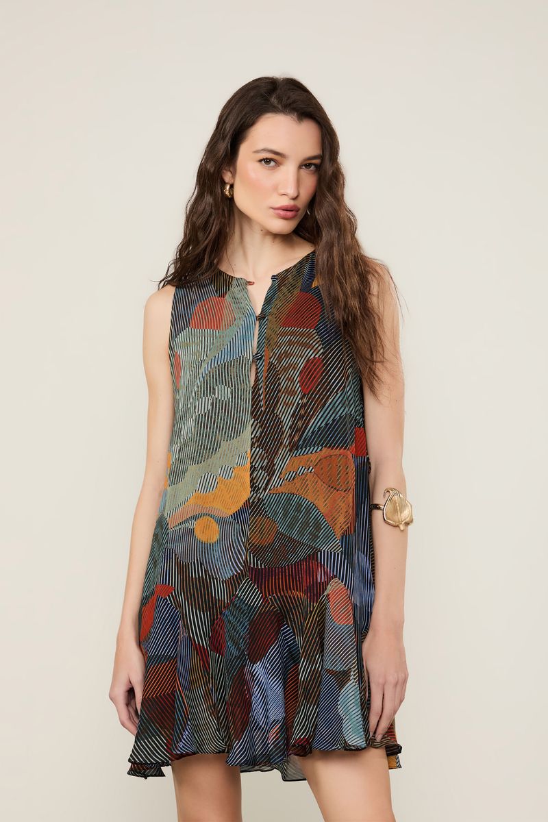 Vestido De Georgette Leve Curto Sem Manga Estampado