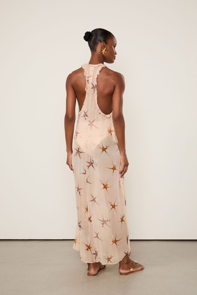 Vestido De Chiffon Longo Estampado Com Babados Resort