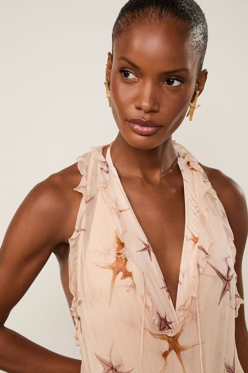 Vestido De Chiffon Longo Estampado Com Babados Resort