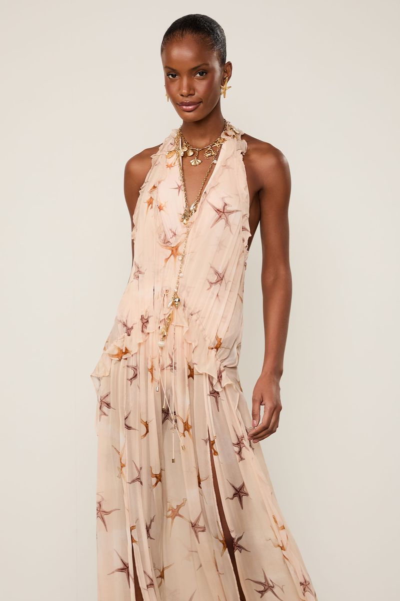 Vestido De Chiffon Longo Estampado Com Babados Resort