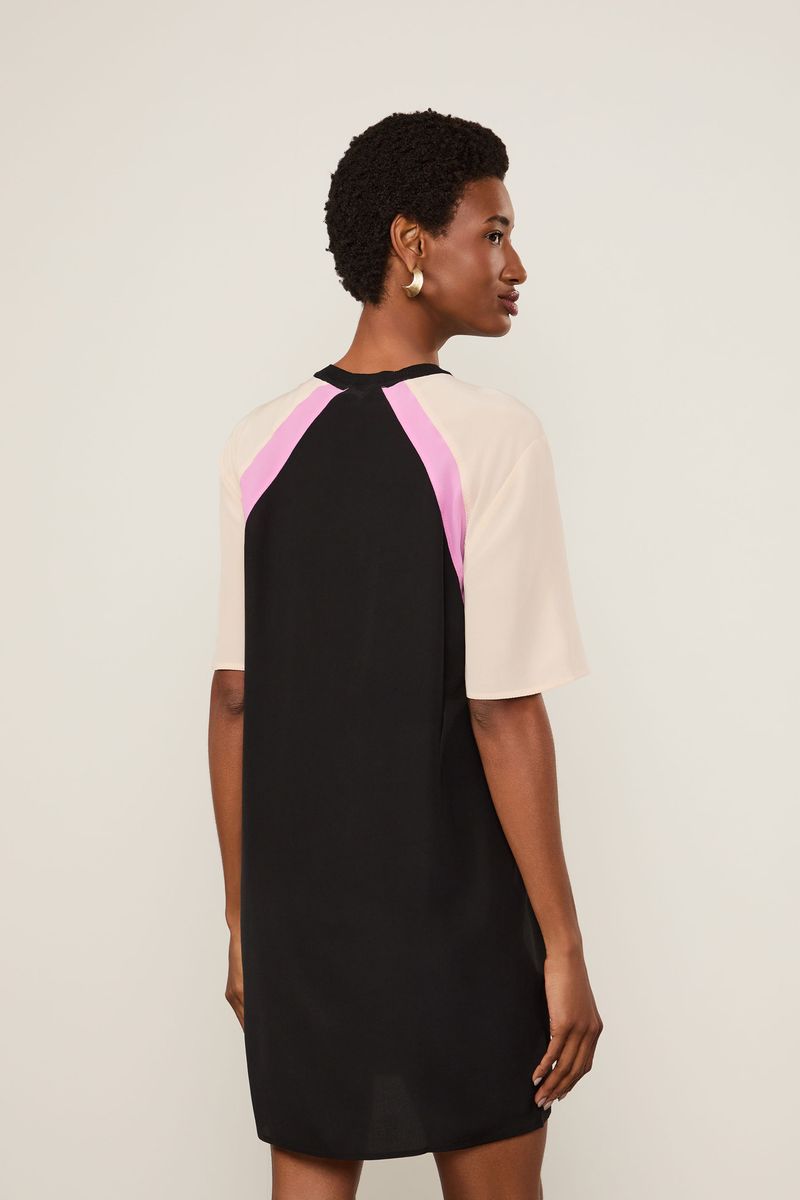 Vestido De Seda Curto Recorte Colorblock