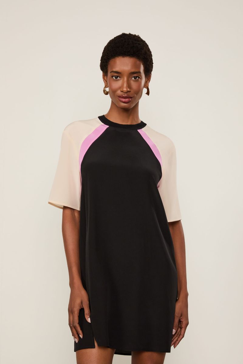 Vestido De Seda Curto Recorte Colorblock