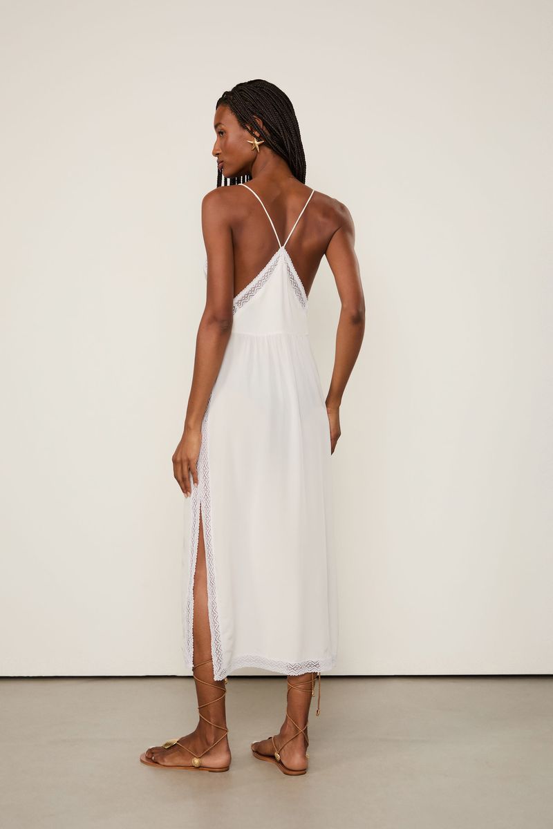 Vestido De Seda Midi Off-White Renda Aplicada