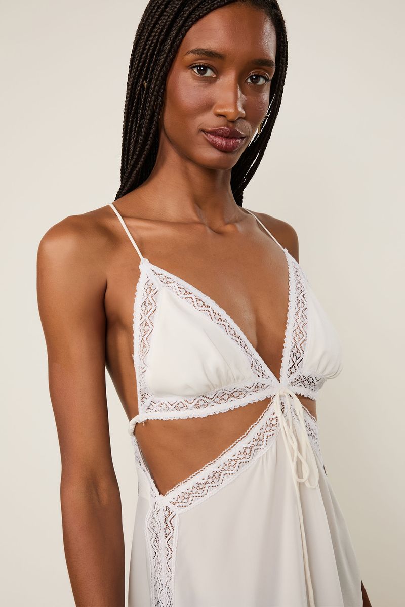 Vestido De Seda Midi Off-White Renda Aplicada