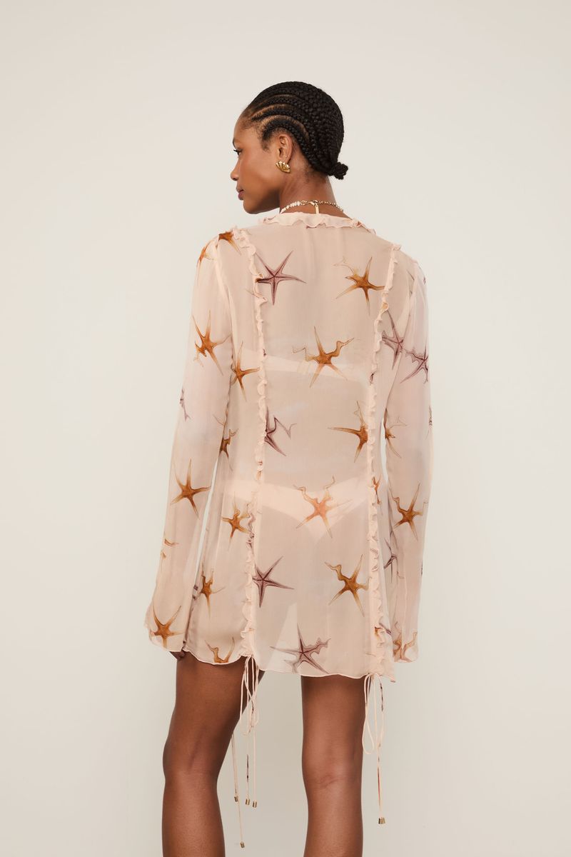 Vestido De Chiffon Curto Estampado Com Babados Resort