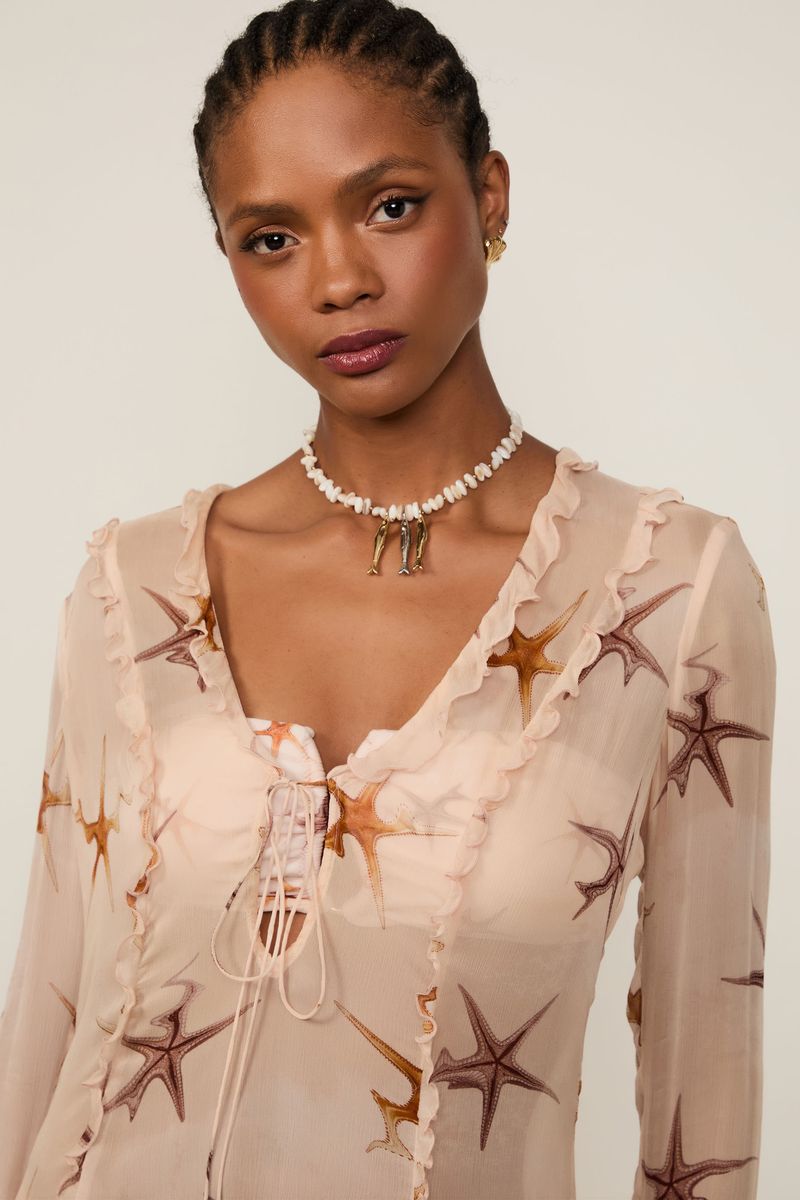 Vestido De Chiffon Curto Estampado Com Babados Resort
