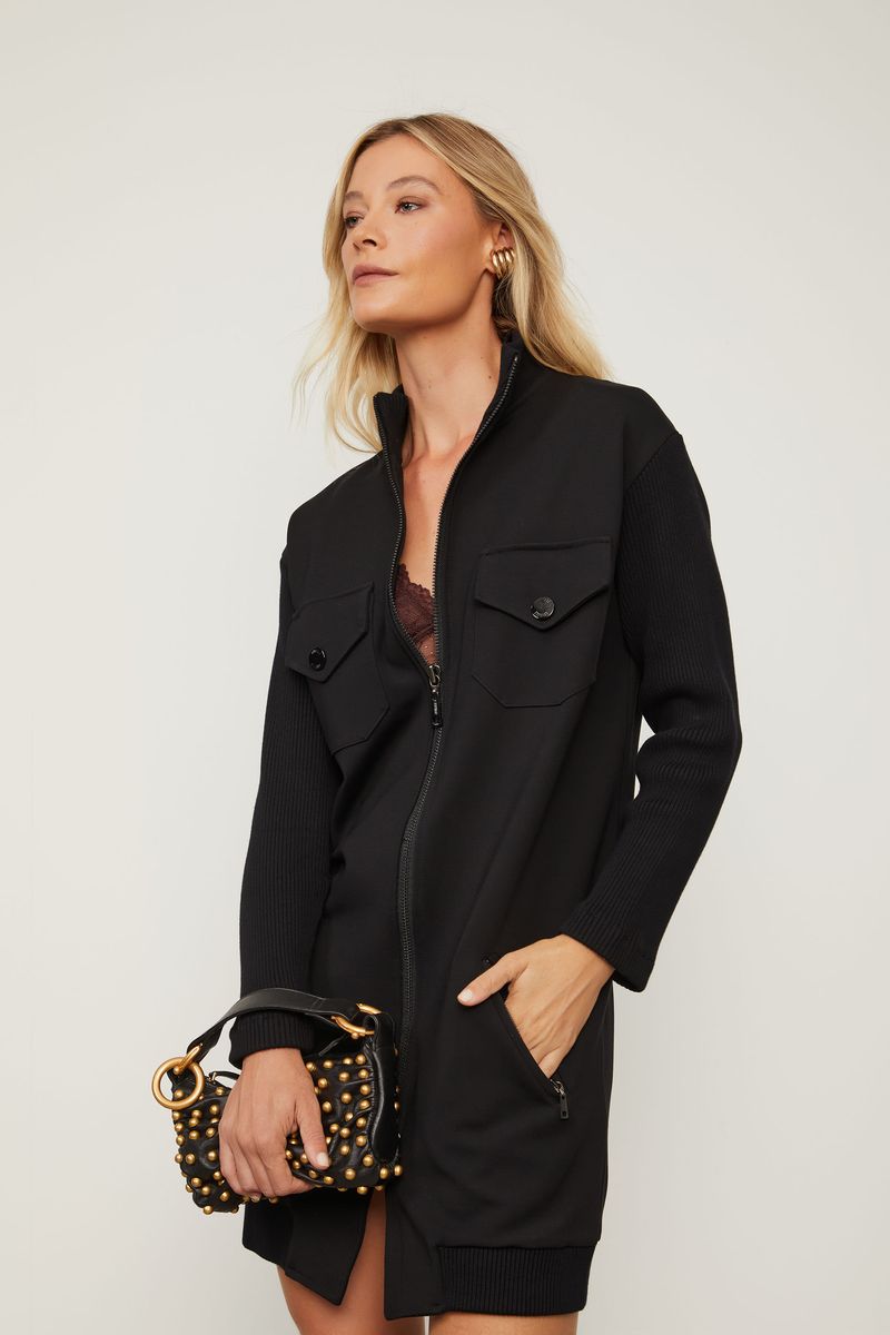 Vestido De Malha Estruturada Preto Com Manga De Tricot