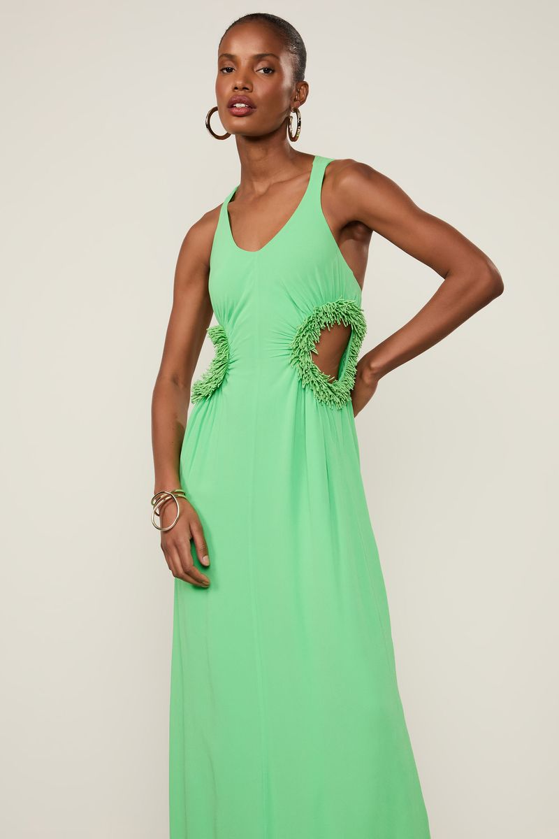 Vestido De Georgette Pesado Longo Verde Proa Com Bordado Ouriço Na Cintura