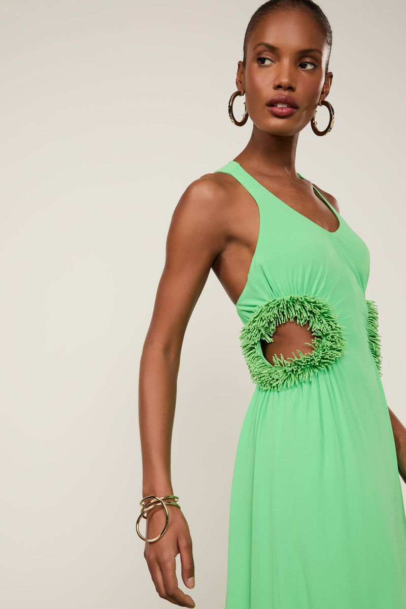 Vestido De Georgette Pesado Longo Verde Proa Com Bordado Ouriço Na Cintura
