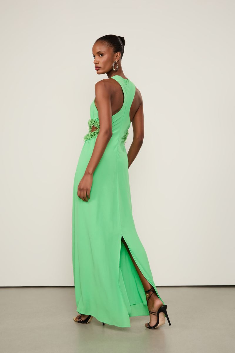 Vestido De Georgette Pesado Longo Verde Proa Com Bordado Ouriço Na Cintura