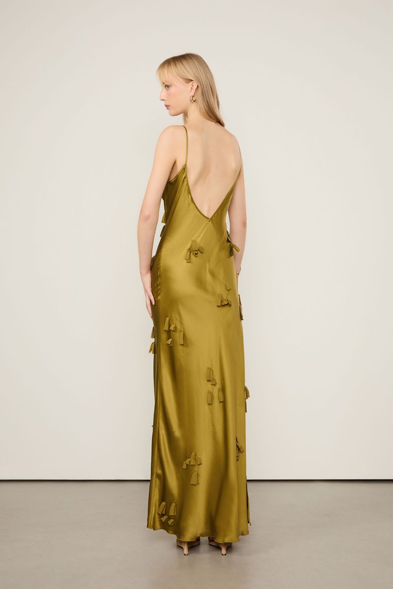 Vestido De Seda Longo De Alça Com Flores Caídas Verde Moss