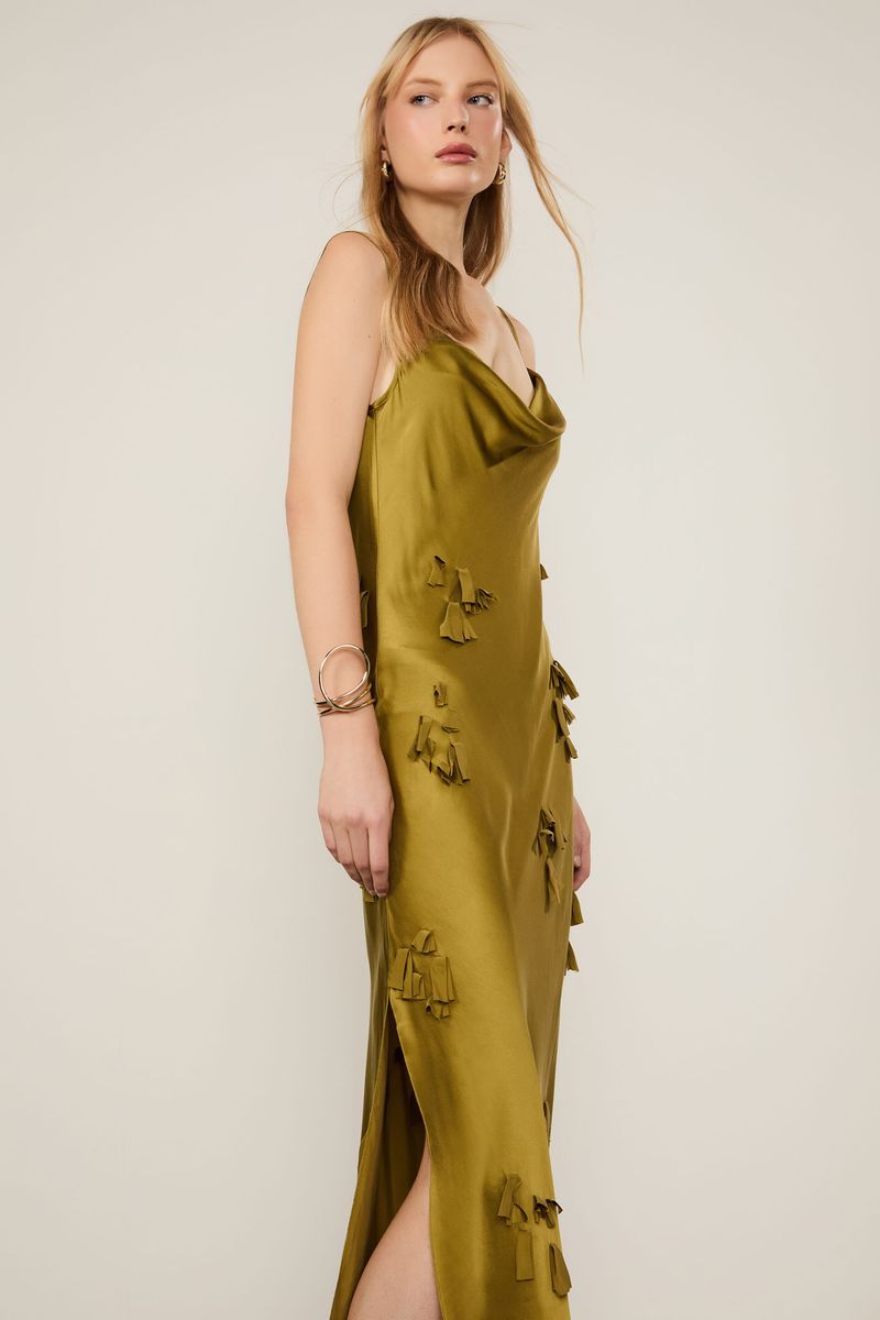 Vestido De Seda Longo De Alça Com Flores Caídas Verde Moss