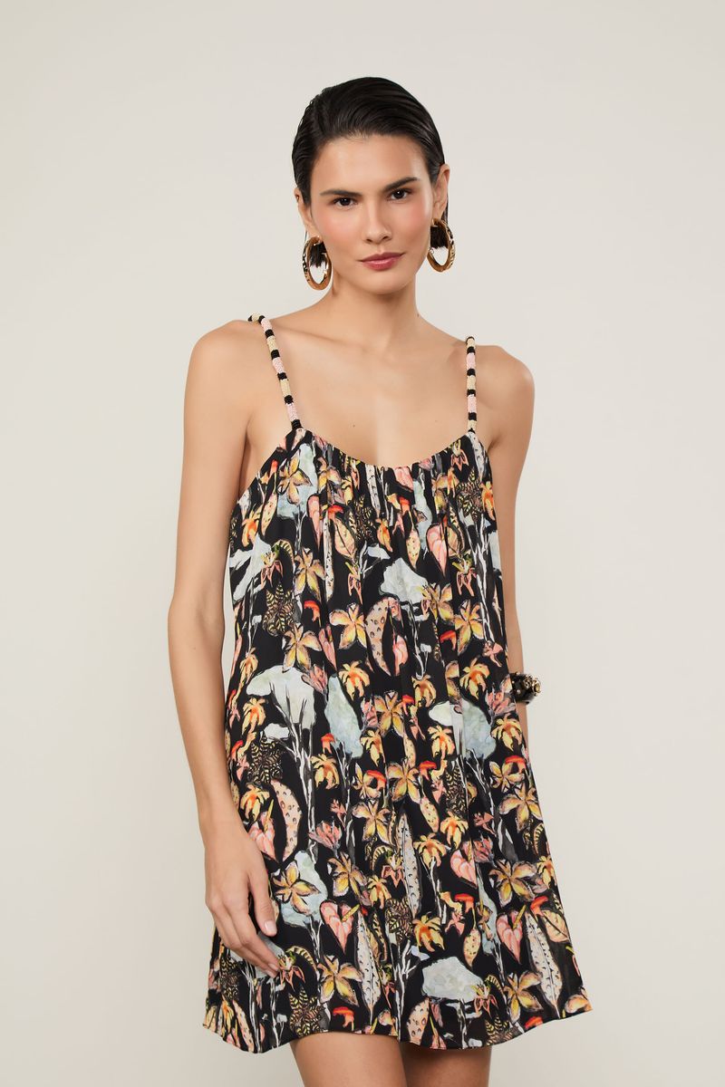 Vestido De Georgette Pesado Mini Alça Bordada Estampado