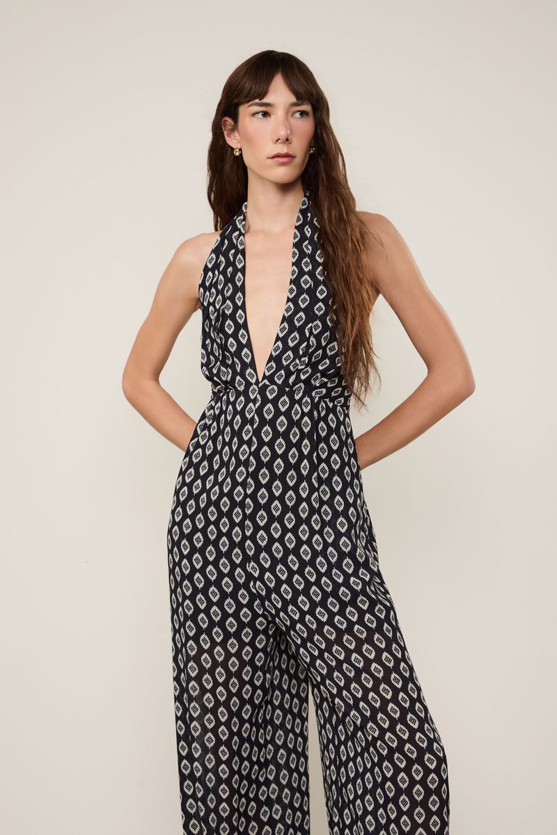 Macacão De Georgette Com Decote v Estampado
