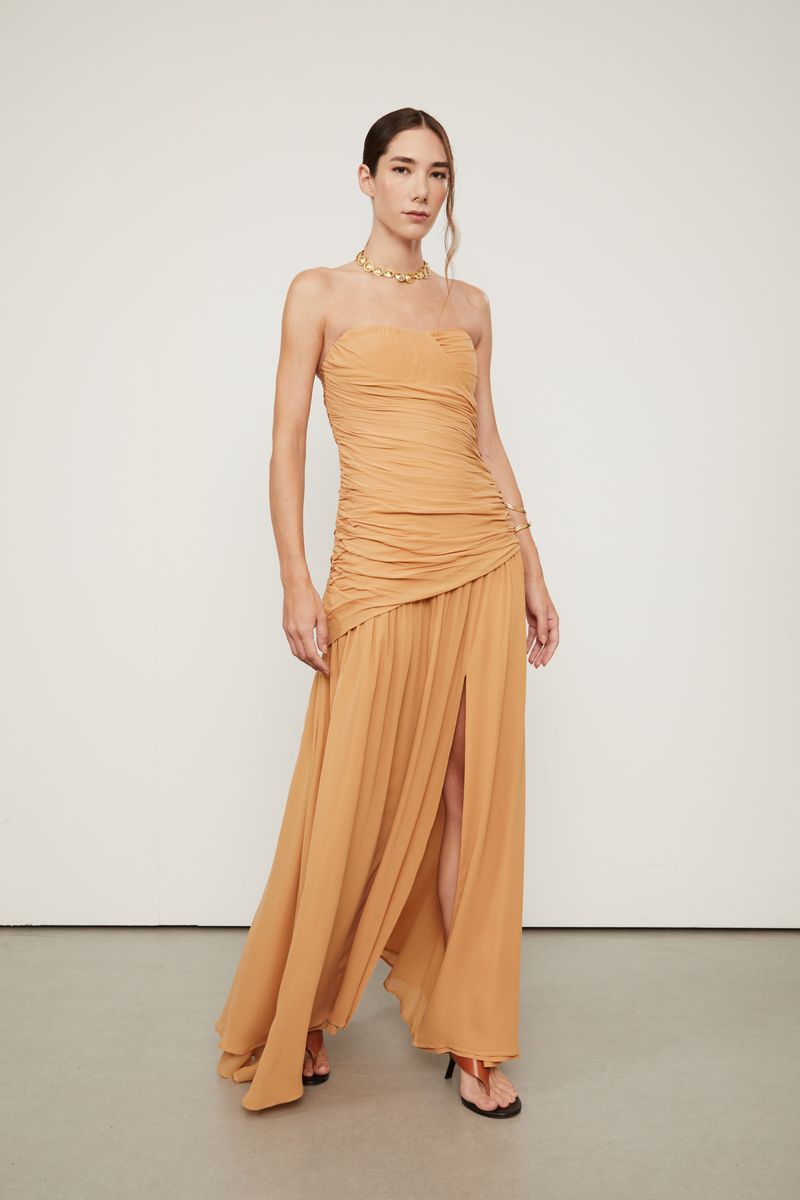Vestido Sem Alças Longo Com Fenda