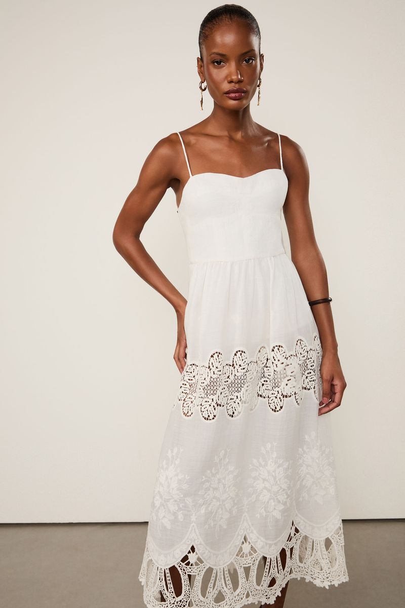 Vestido Midi Com Linho Com Bordado Richelieu