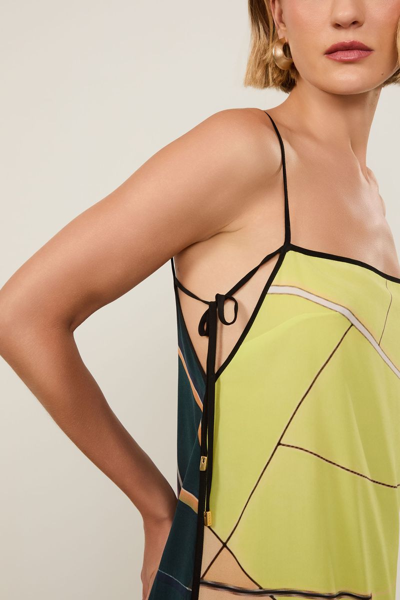 Vestido De Seda Midi Decote Reto Estampado
