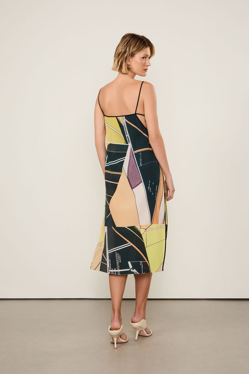 Vestido De Seda Midi Decote Reto Estampado