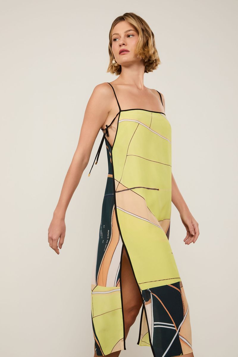 Vestido De Seda Midi Decote Reto Estampado