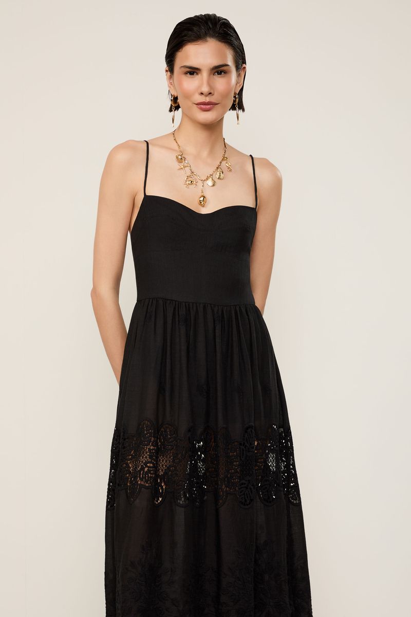 Vestido Midi Com Linho Com Bordado Richelieu