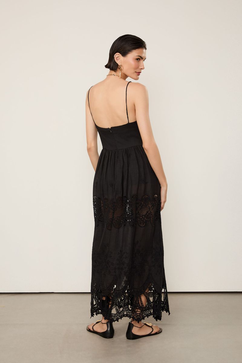 Vestido Midi Com Linho Com Bordado Richelieu
