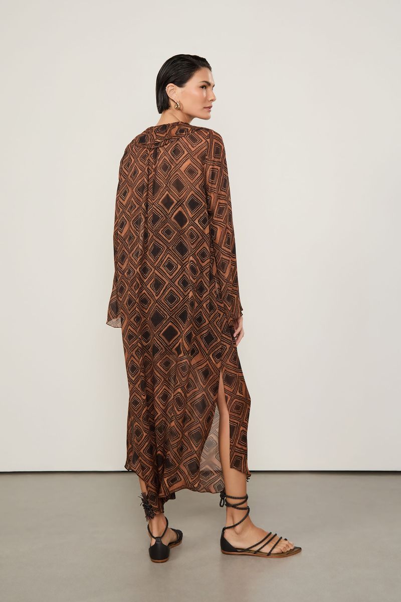 Vestido De Georgette Leve Midi Manga Longa Estampado Decote v