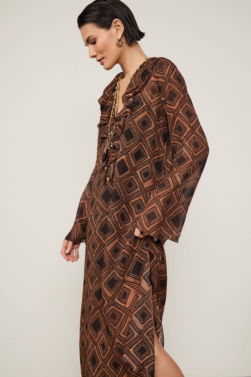 Vestido De Georgette Leve Midi Manga Longa Estampado Decote v
