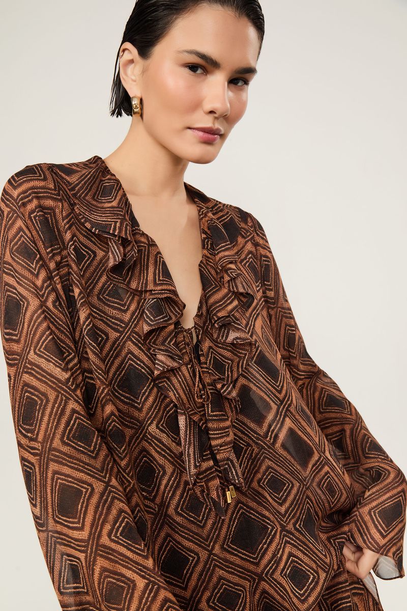 Vestido De Georgette Leve Midi Manga Longa Estampado Decote v
