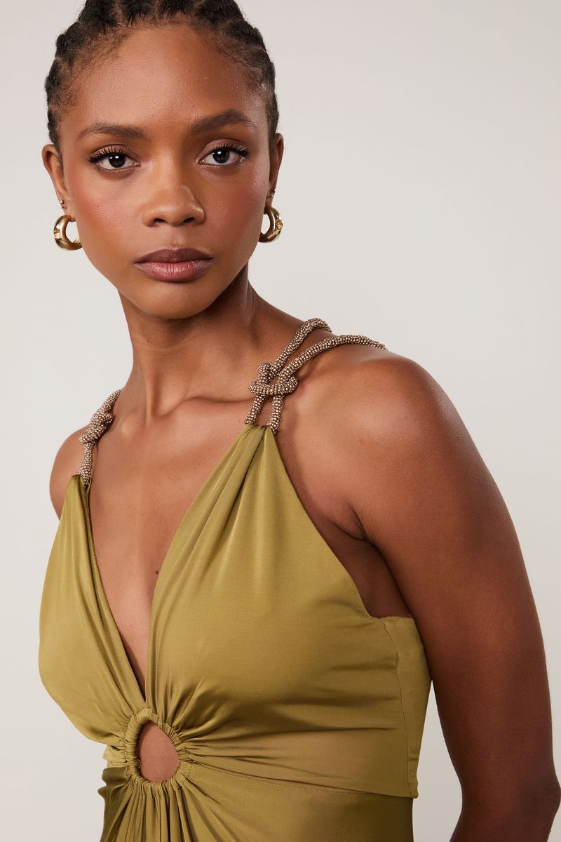 Vestido Jersey Midi Alça Miçanga