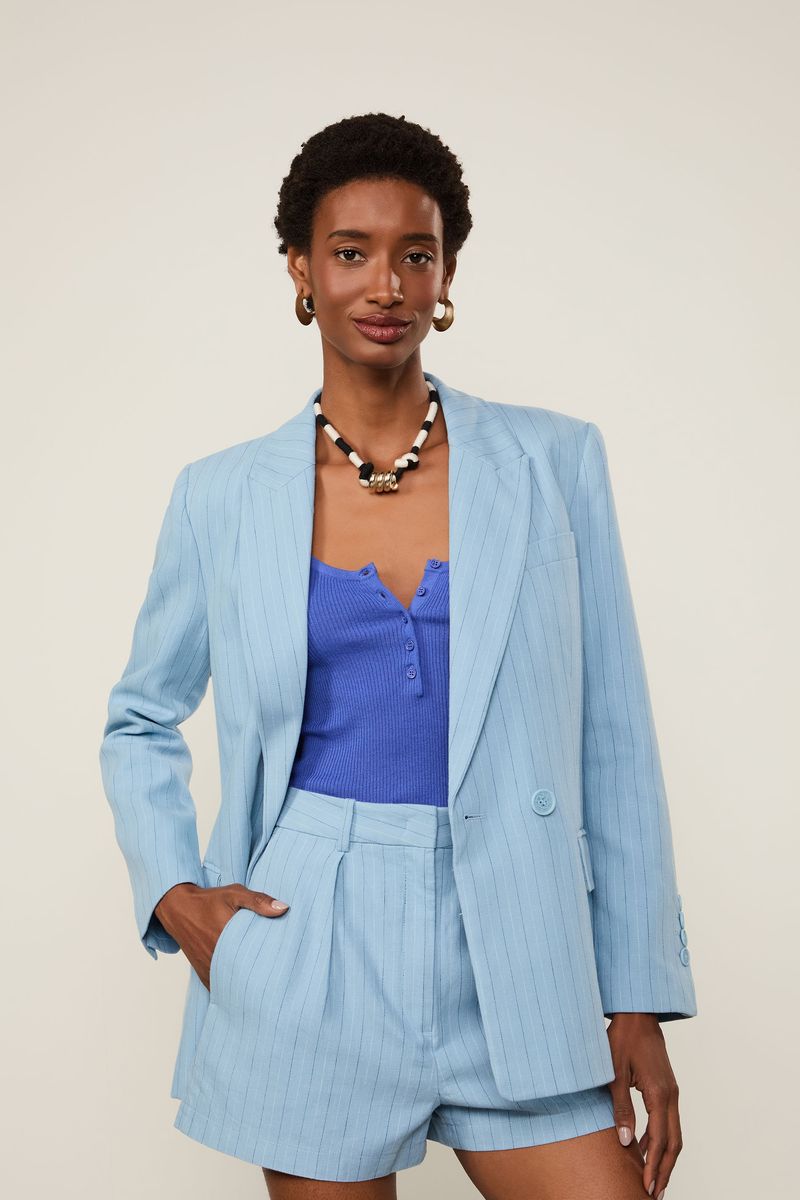 Blazer De Algodão Com Linho Risca De Giz Bicolor Azul