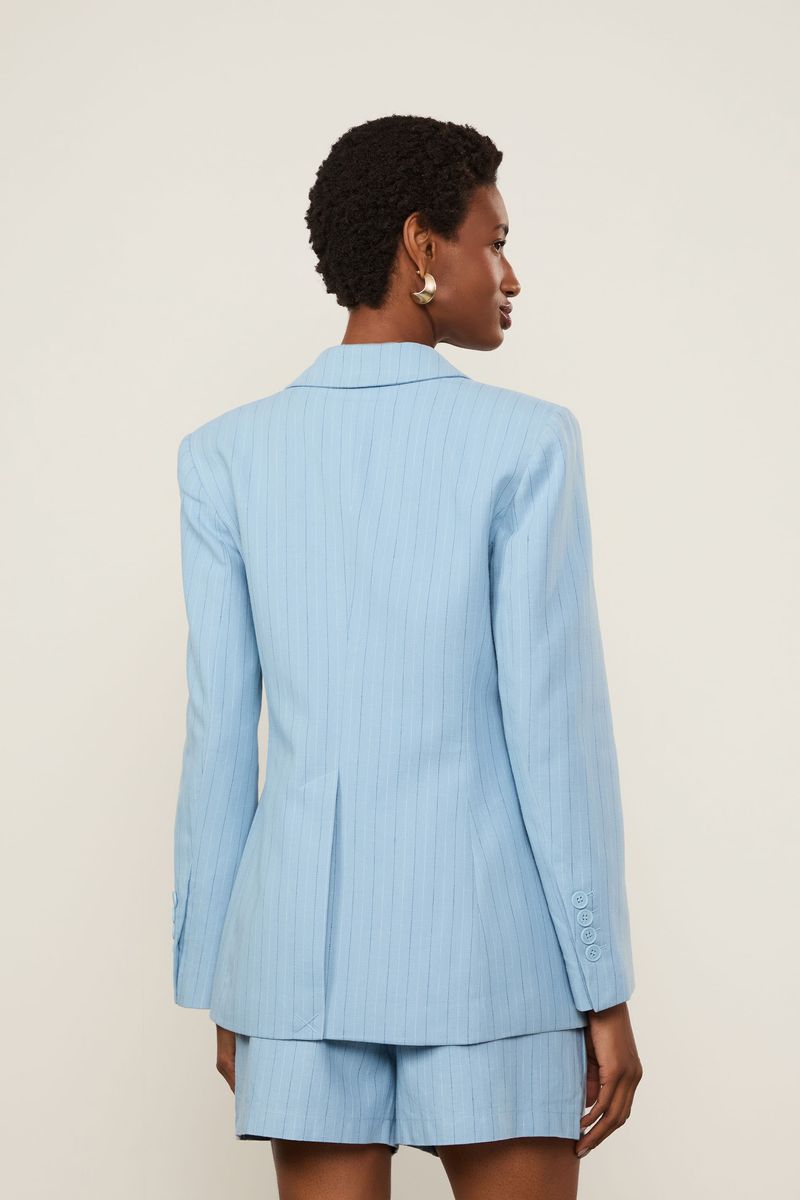 Blazer De Algodão Com Linho Risca De Giz Bicolor Azul