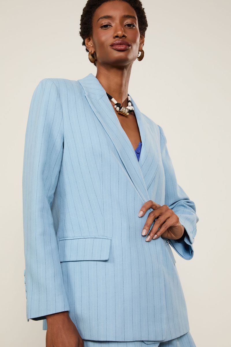 Blazer De Algodão Com Linho Risca De Giz Bicolor Azul