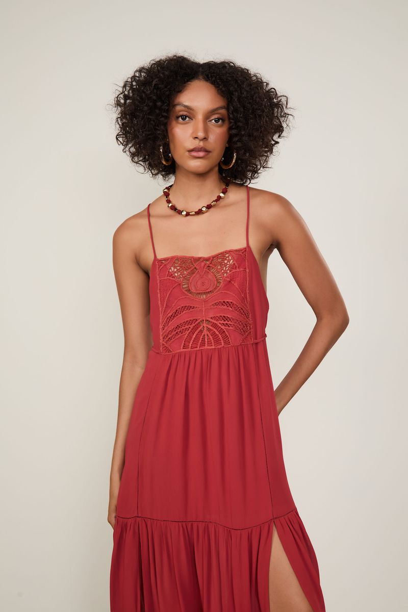 Vestido De Georgette Pesado Midi Nautico Com Pala De Renda