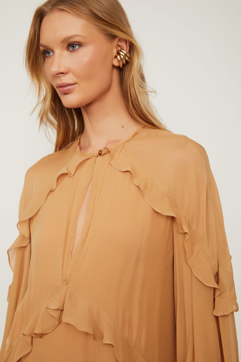 Vestido De Georgette Leve Curto Decote Gota Marrom Babados