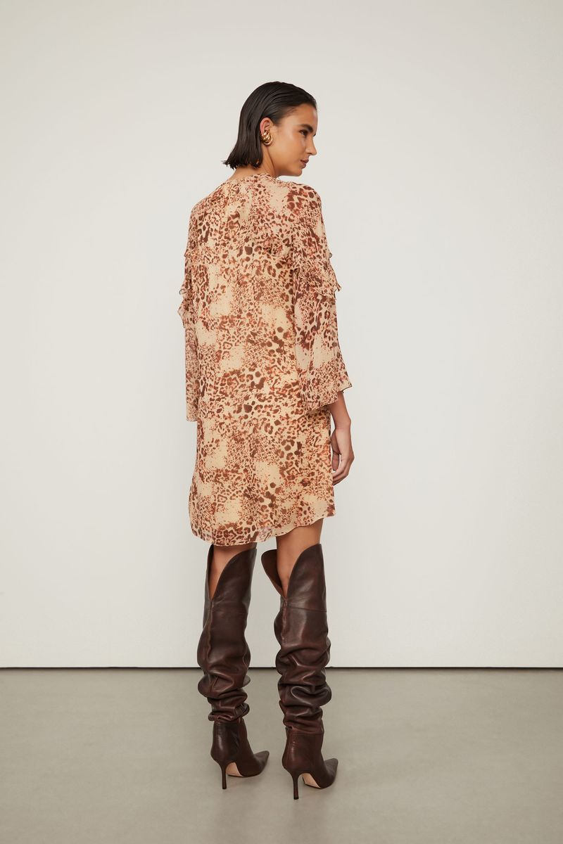 Vestido De Georgette Leve Curto Decote Gota Estampado Babados