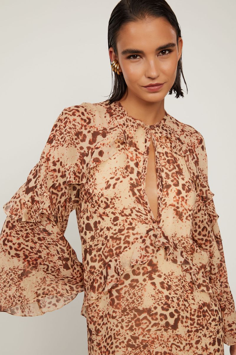 Vestido De Georgette Leve Curto Decote Gota Estampado Babados