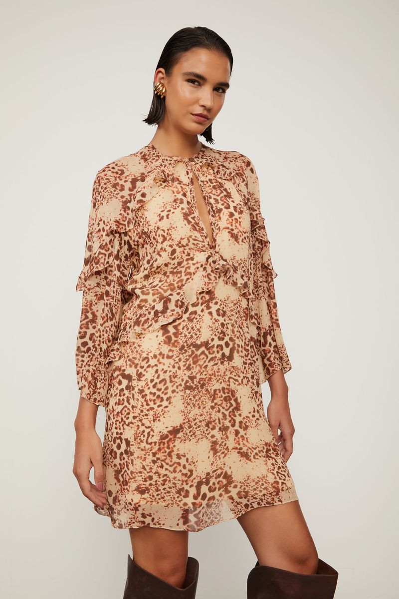 Vestido De Georgette Leve Curto Decote Gota Estampado Babados
