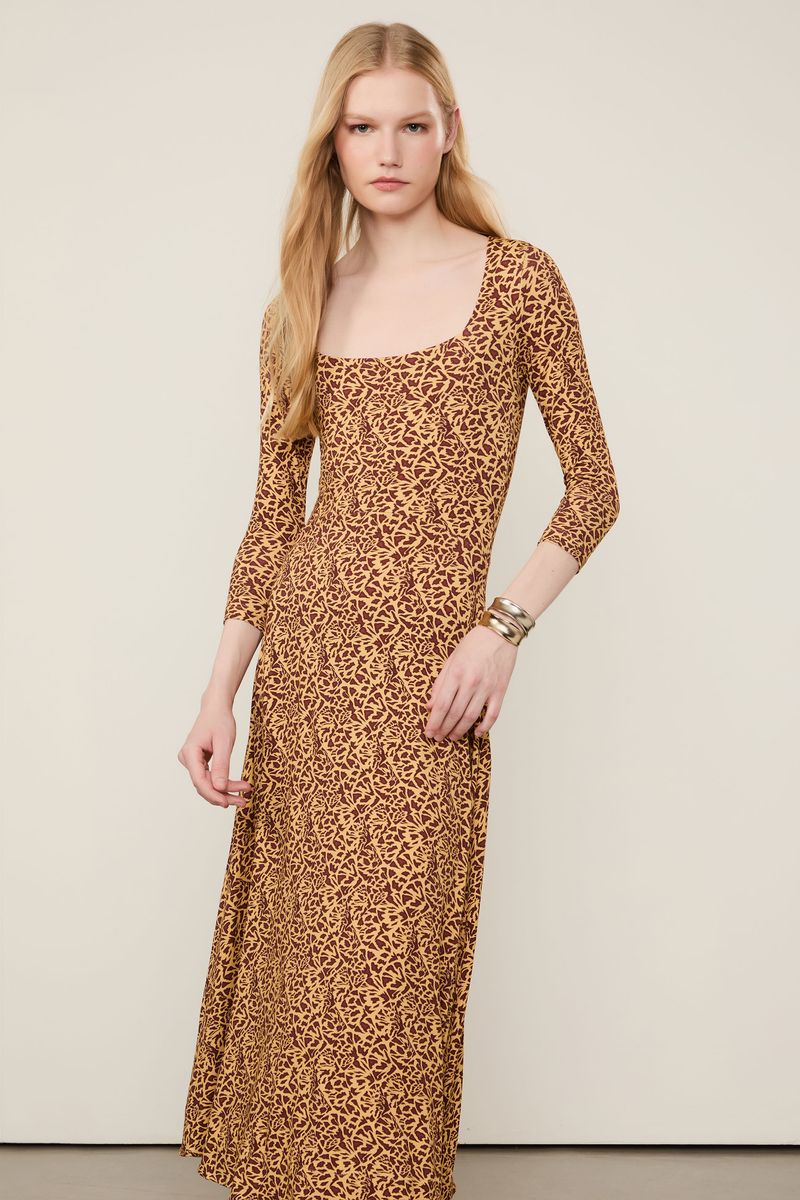 Vestido Midi Decote Bailarina Est Textura Tartaruga Tangerina