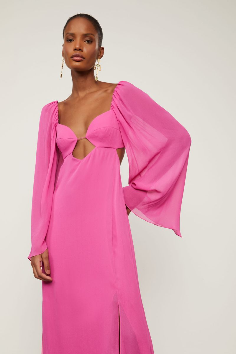 Vestido De Georgette Leve Longo Manga Longa Rosa Fendas