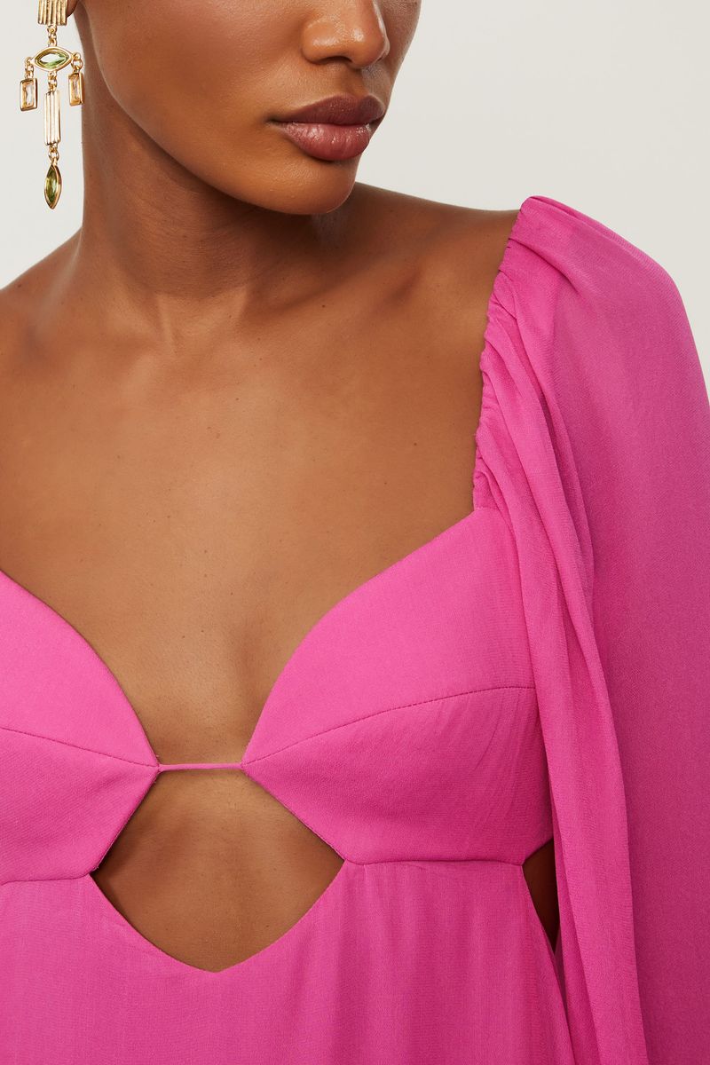 Vestido De Georgette Leve Longo Manga Longa Rosa Fendas