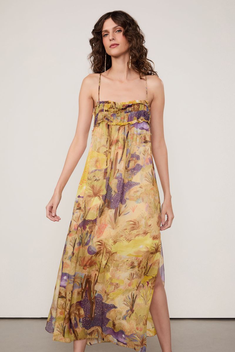 Vestido De Georgette Leve Longo De Alça Estampado