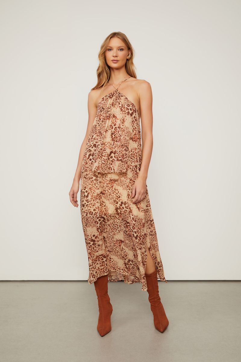 Vestido De Georgette Leve Midi Frente Única Estampado Camadas