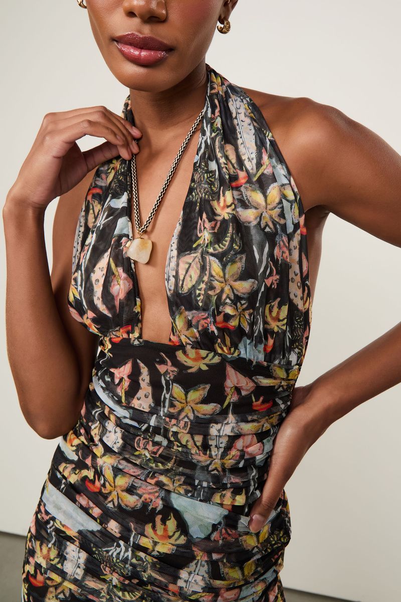 Vestido De Tule Frente Única Curto Estampado