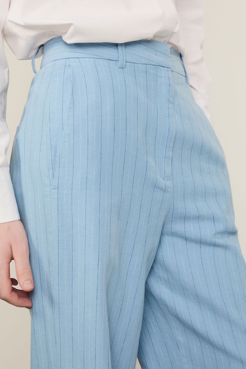 Calça De Algodão Com Linho De Alfaiataria Risca De Giz Bicolor Azul