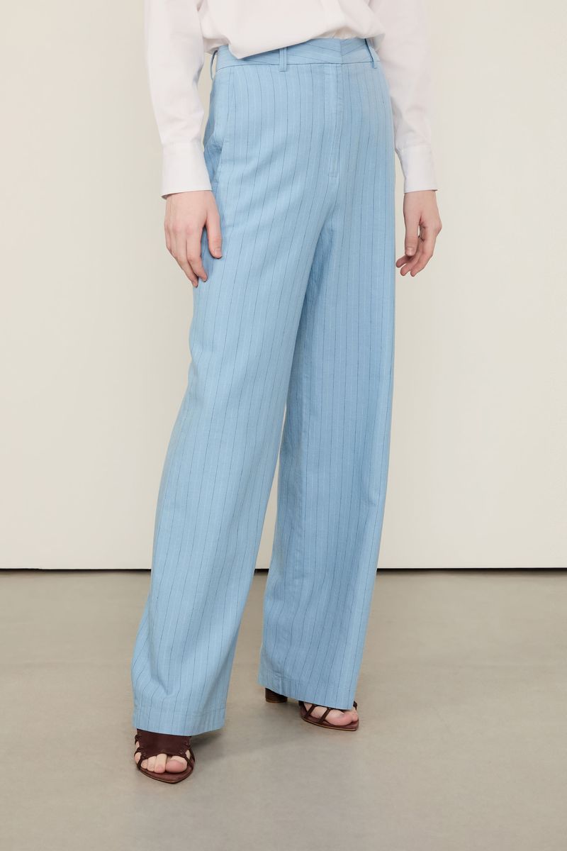 Calça De Algodão Com Linho De Alfaiataria Risca De Giz Bicolor Azul