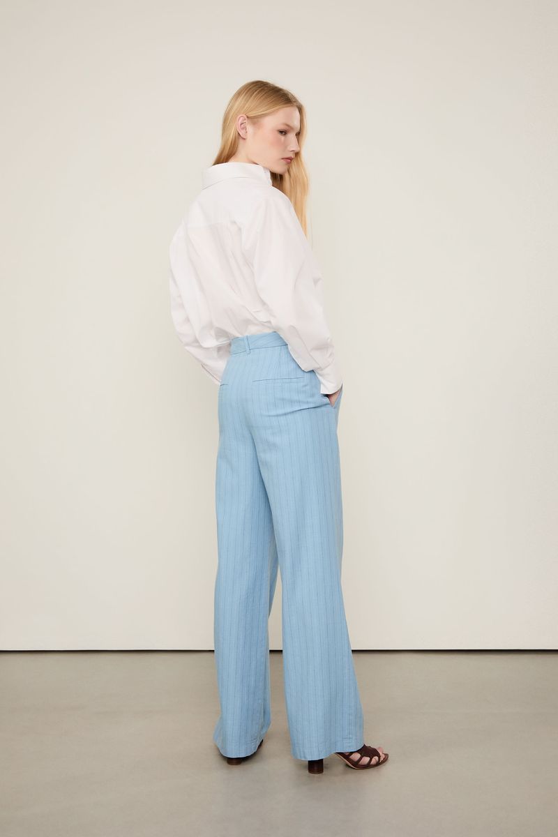 Calça De Algodão Com Linho De Alfaiataria Risca De Giz Bicolor Azul