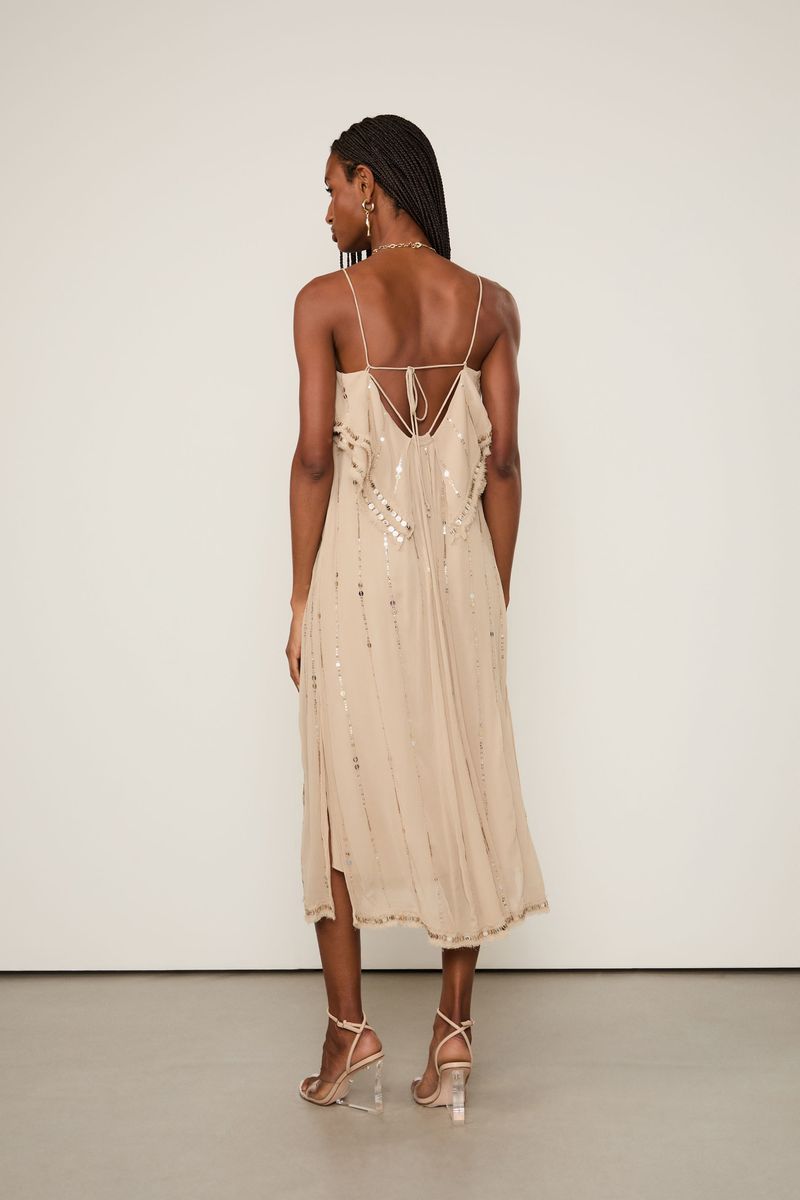 Vestido De Georgette Midi Bege Khaki Detalhes Em Lantejoulas