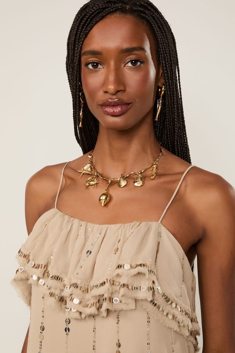 Vestido De Georgette Midi Bege Khaki Detalhes Em Lantejoulas