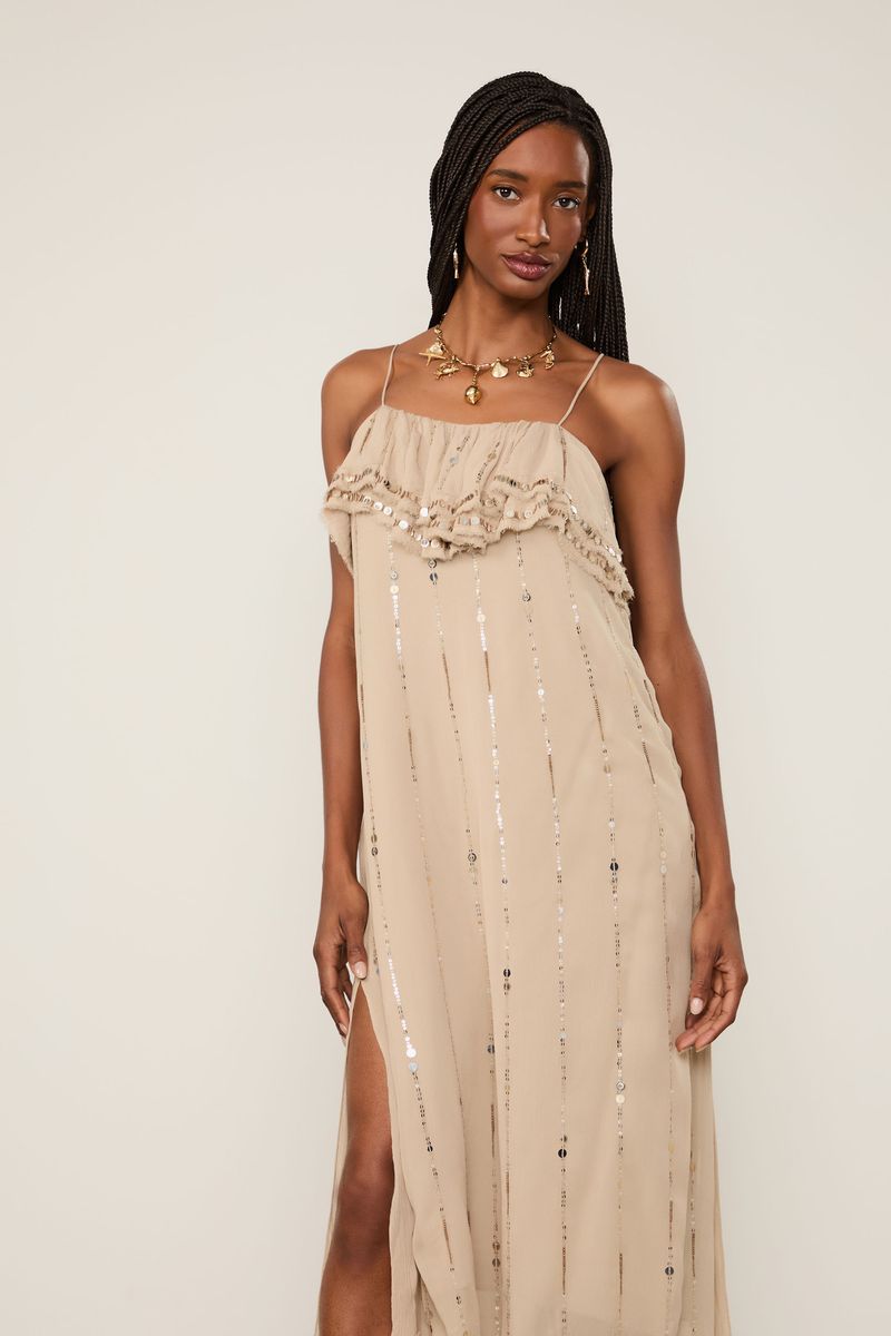 Vestido De Georgette Midi Bege Khaki Detalhes Em Lantejoulas